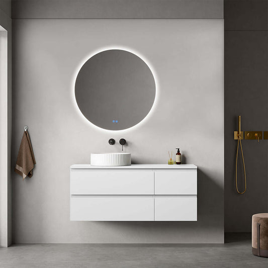 Mobile bagno sospeso reversibile  120 cm Bianco Opaco per Lavabo d'appoggio Specchio Tondo Retroilluminato - Fiji Paint