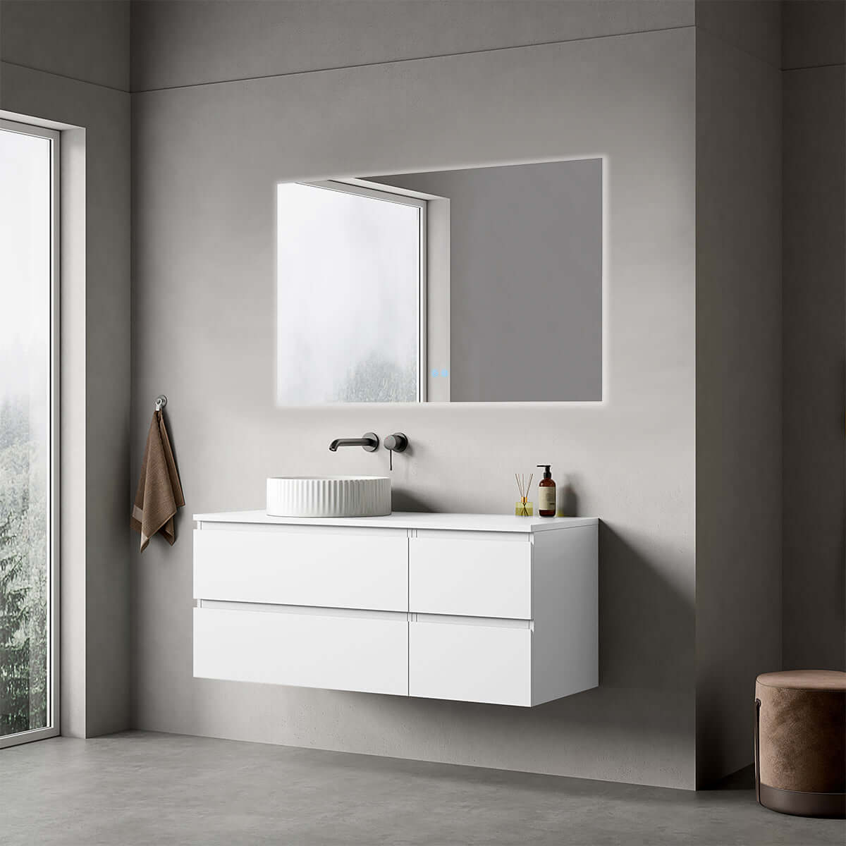 Mobile bagno sospeso reversibile  120 cm Bianco Opaco per Lavabo d'appoggio Specchio Quadro Retroilluminato - Fiji Paint