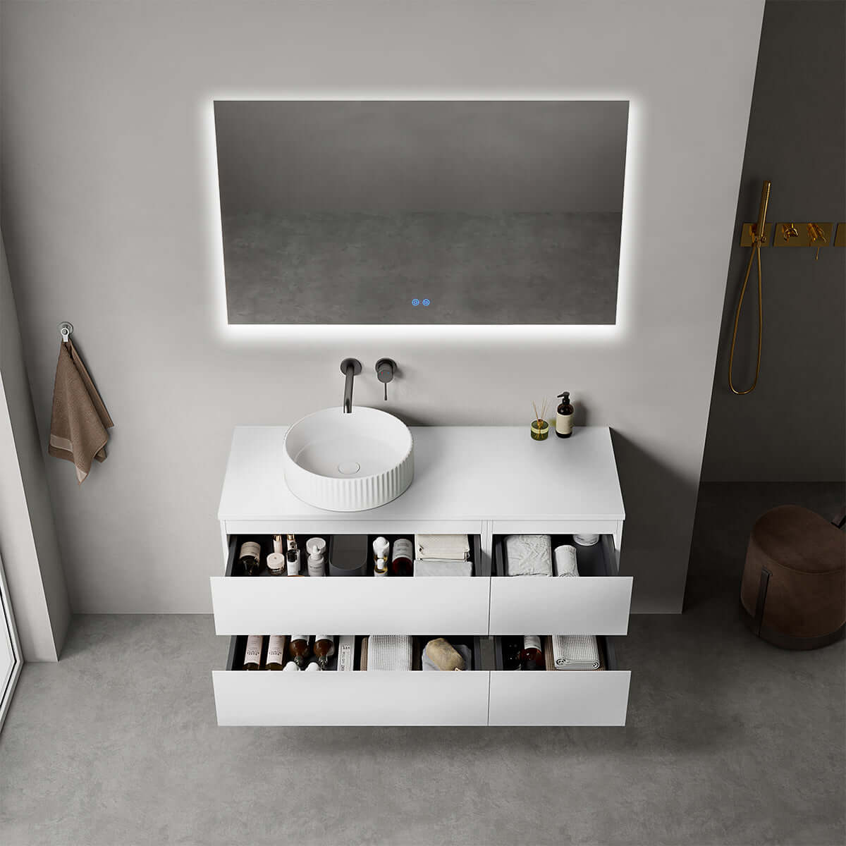 Mobile bagno sospeso reversibile  120 cm Bianco Opaco per Lavabo d'appoggio Specchio Quadro Retroilluminato - Fiji Paint