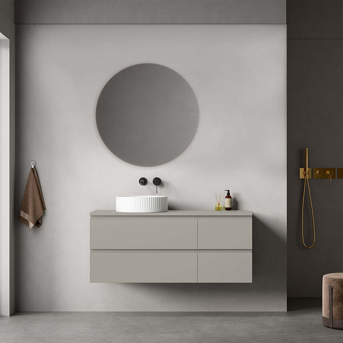 Mobile bagno sospeso reversibile  120 cm Grigio Cenere  per Lavabo d'appoggio Specchio Tondo - Fiji Paint