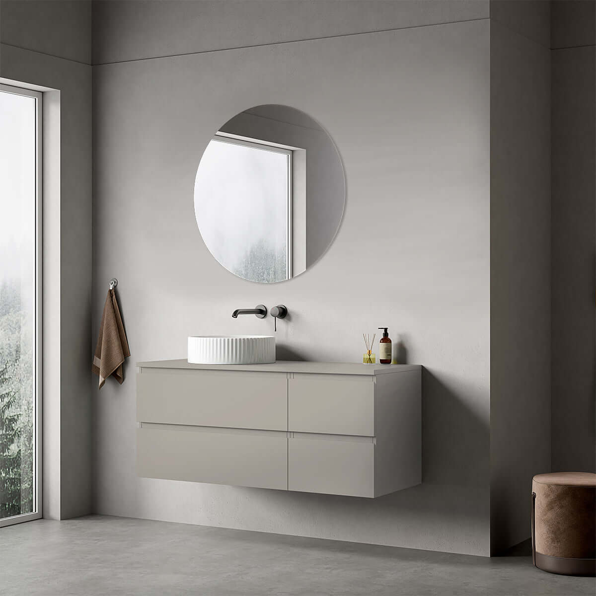 Mobile bagno sospeso reversibile  120 cm Grigio Cenere  per Lavabo d'appoggio Specchio Tondo - Fiji Paint