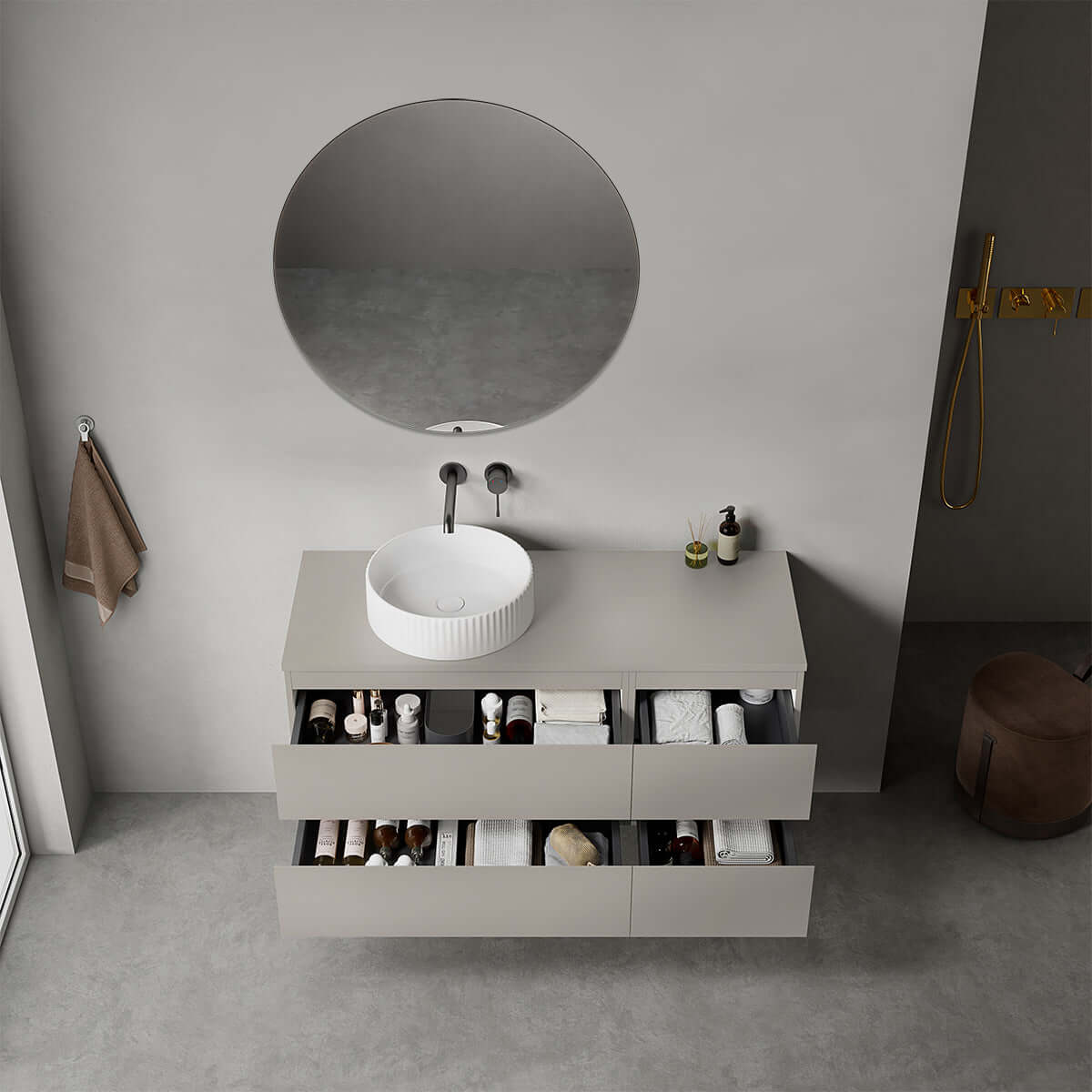 Mobile bagno sospeso reversibile  120 cm Grigio Cenere  per Lavabo d'appoggio Specchio Tondo - Fiji Paint