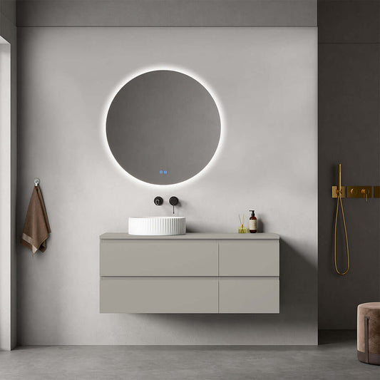 Mobile bagno sospeso reversibile  120 cm Grigio Cenere  per Lavabo d'appoggio Specchio Tondo Retroilluminato - Fiji Paint