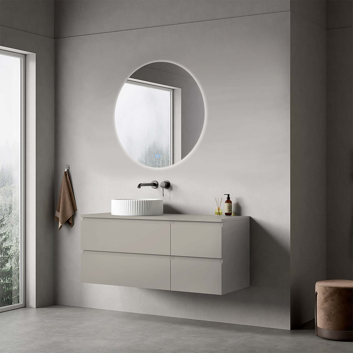 Mobile bagno sospeso reversibile  120 cm Grigio Cenere  per Lavabo d'appoggio Specchio Tondo Retroilluminato - Fiji Paint