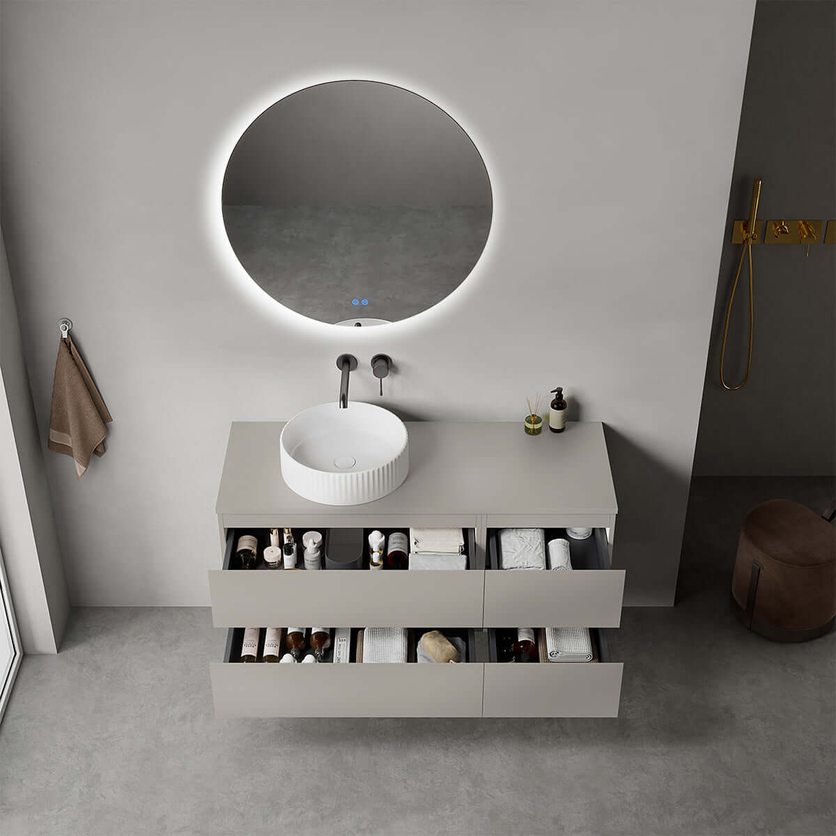 Mobile bagno sospeso reversibile  120 cm Grigio Cenere  per Lavabo d'appoggio Specchio Tondo Retroilluminato - Fiji Paint