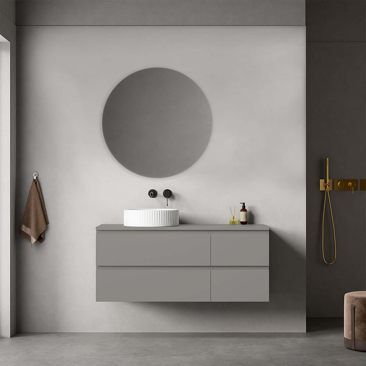 Mobile bagno sospeso reversibile  120 cm Grigio Londra per Lavabo d'appoggio Specchio Tondo - Fiji Paint