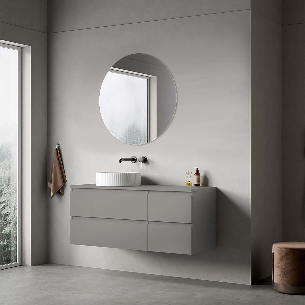 Mobile bagno sospeso reversibile  120 cm Grigio Londra per Lavabo d'appoggio Specchio Tondo - Fiji Paint