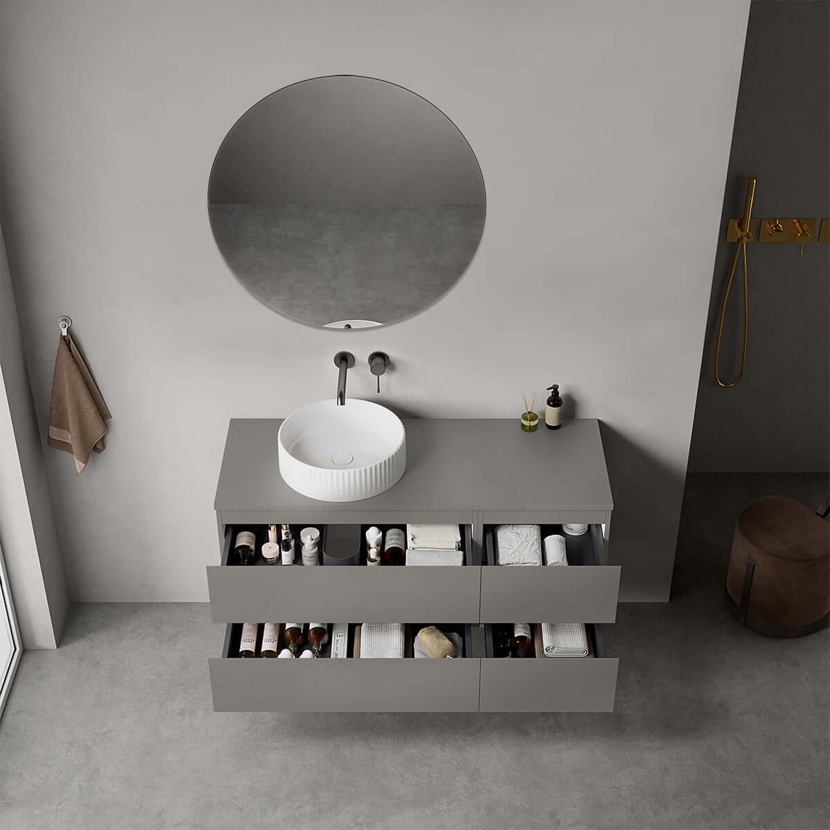 Mobile bagno sospeso reversibile  120 cm Grigio Londra per Lavabo d'appoggio Specchio Tondo - Fiji Paint