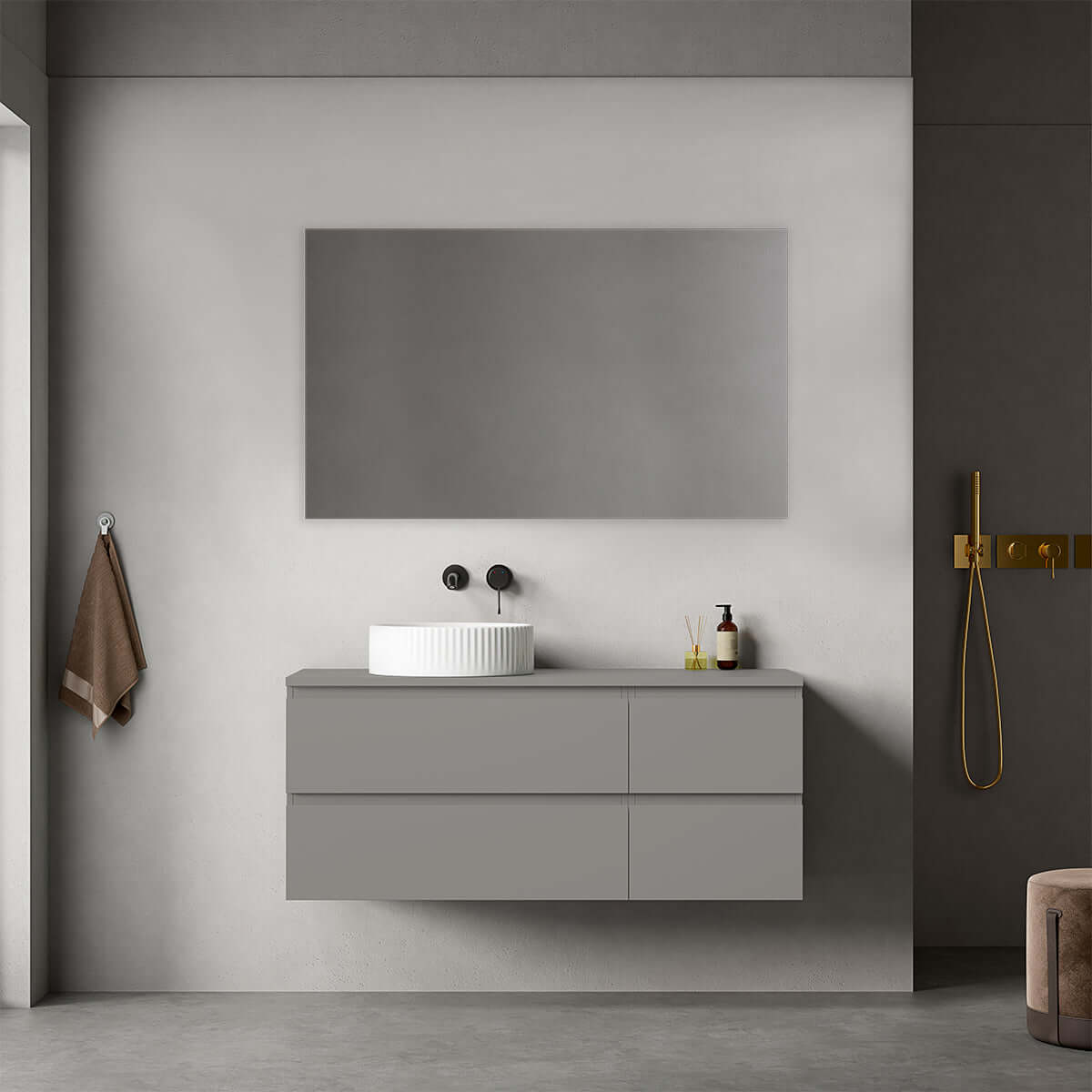 Mobile bagno sospeso reversibile  120 cm Grigio Londra per Lavabo d'appoggio Specchio Quadro - Fiji Paint