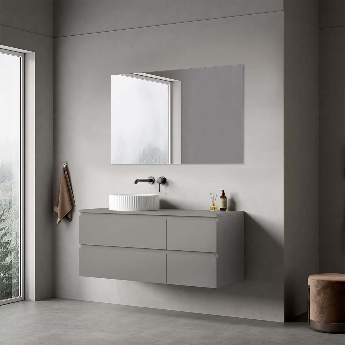 Mobile bagno sospeso reversibile  120 cm Grigio Londra per Lavabo d'appoggio Specchio Quadro - Fiji Paint