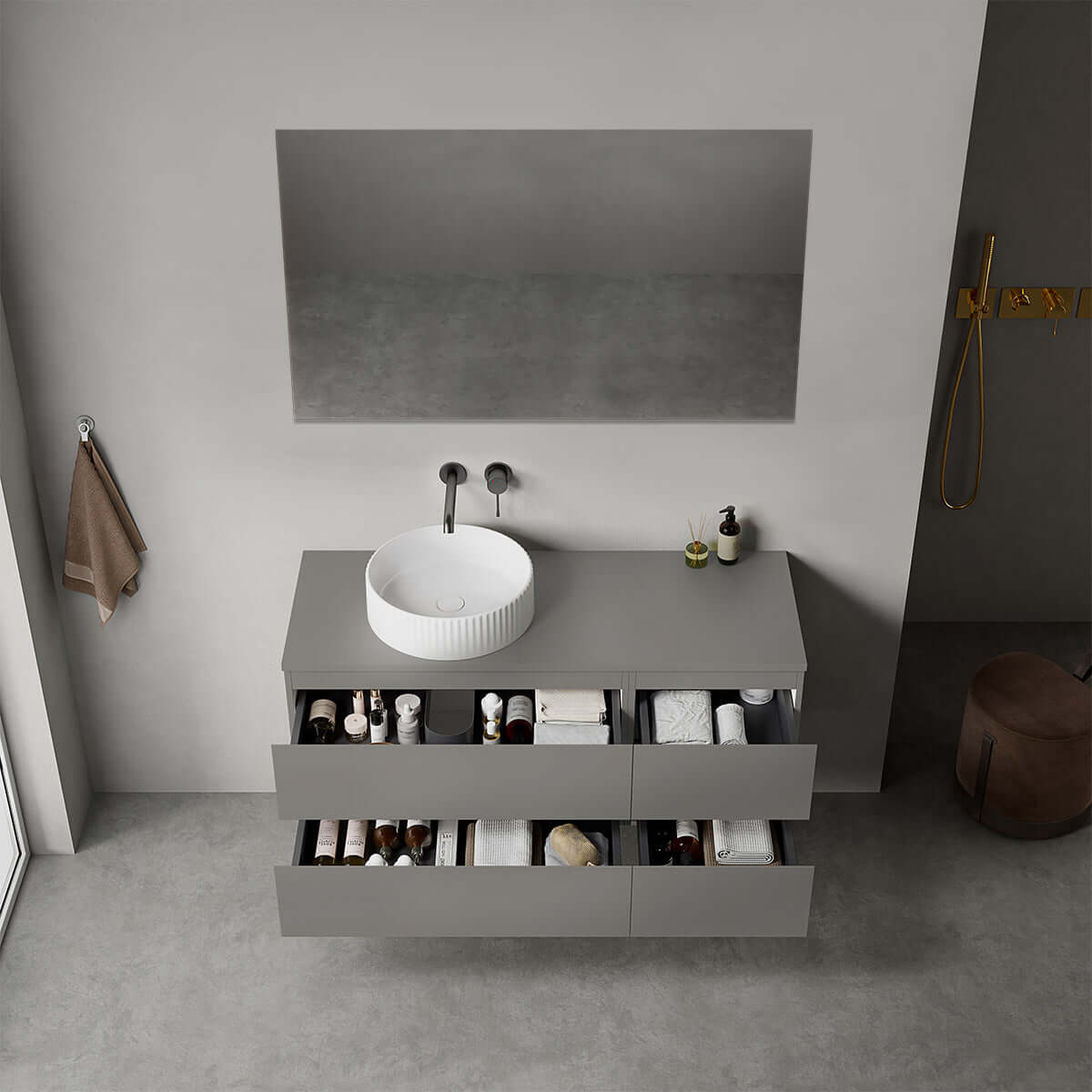 Mobile bagno sospeso reversibile  120 cm Grigio Londra per Lavabo d'appoggio Specchio Quadro - Fiji Paint