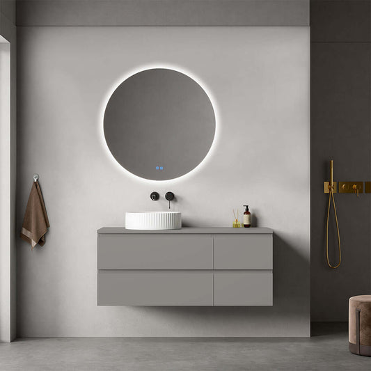 Mobile bagno sospeso reversibile  120 cm Grigio Londra per Lavabo d'appoggio Specchio Tondo Retroilluminato - Fiji Paint