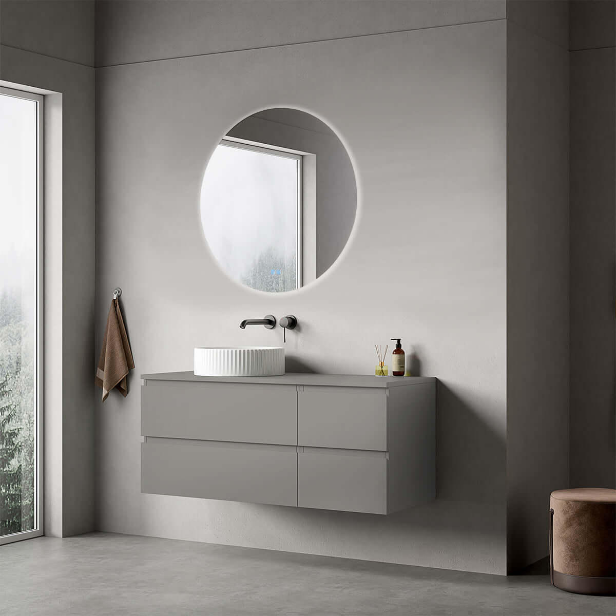 Mobile bagno sospeso reversibile  120 cm Grigio Londra per Lavabo d'appoggio Specchio Tondo Retroilluminato - Fiji Paint