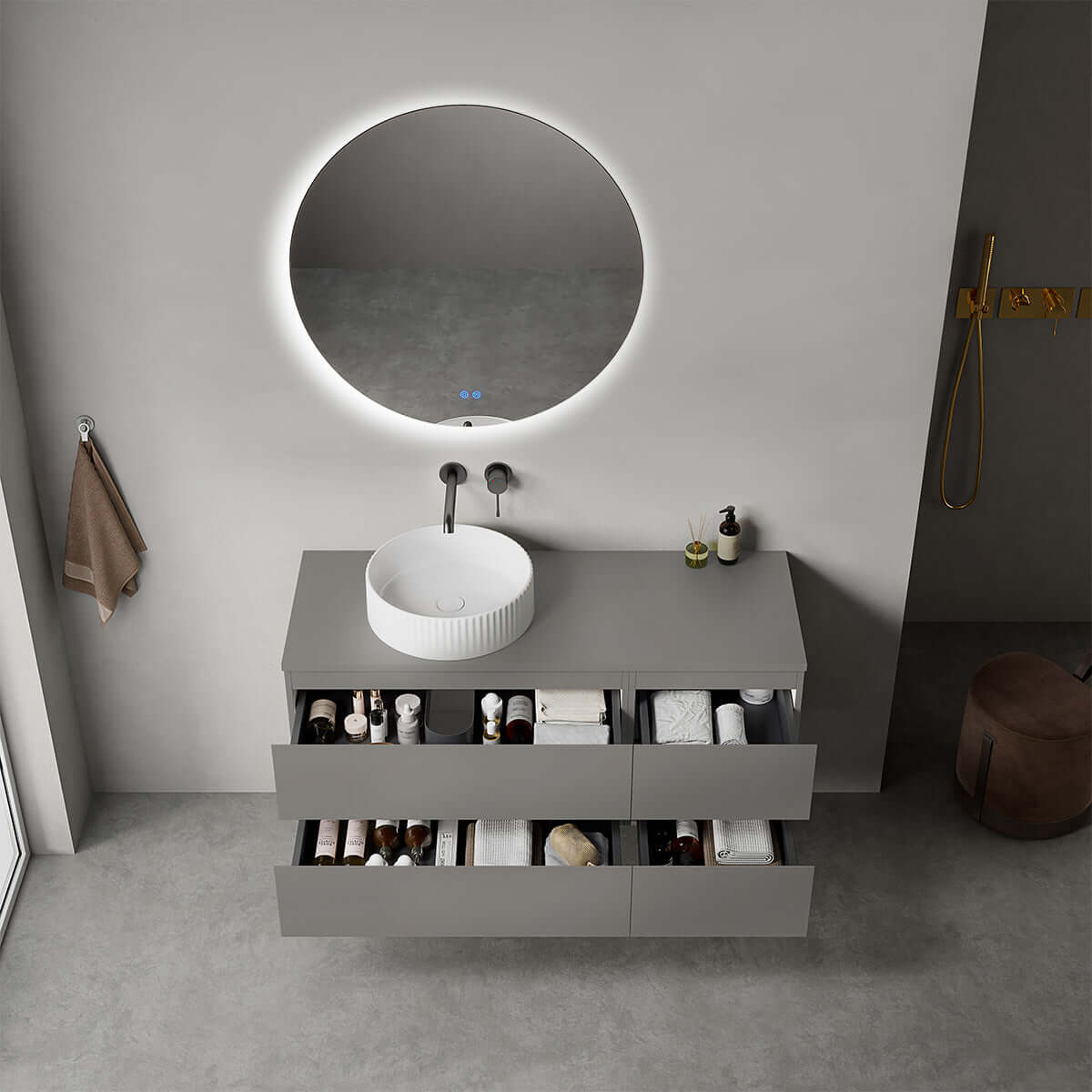 Mobile bagno sospeso reversibile  120 cm Grigio Londra per Lavabo d'appoggio Specchio Tondo Retroilluminato - Fiji Paint