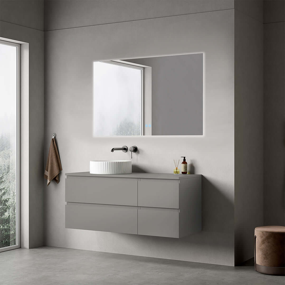 Mobile bagno sospeso reversibile  120 cm Grigio Londra per Lavabo d'appoggio Specchio Quadro Retroilluminato - Fiji Paint