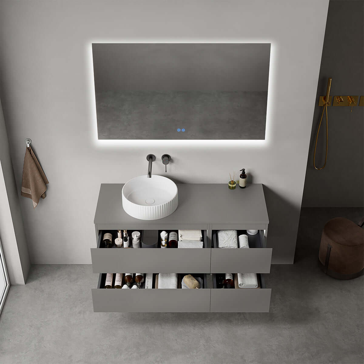 Mobile bagno sospeso reversibile  120 cm Grigio Londra per Lavabo d'appoggio Specchio Quadro Retroilluminato - Fiji Paint