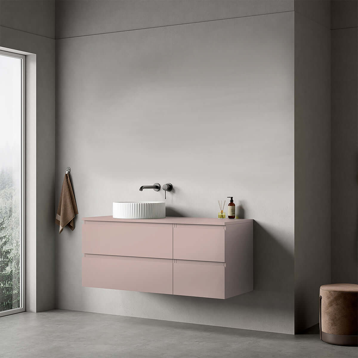 Mobile bagno sospeso reversibile  120 cm Rosa Retrò per Lavabo d'appoggio Senza Specchio - Fiji Paint