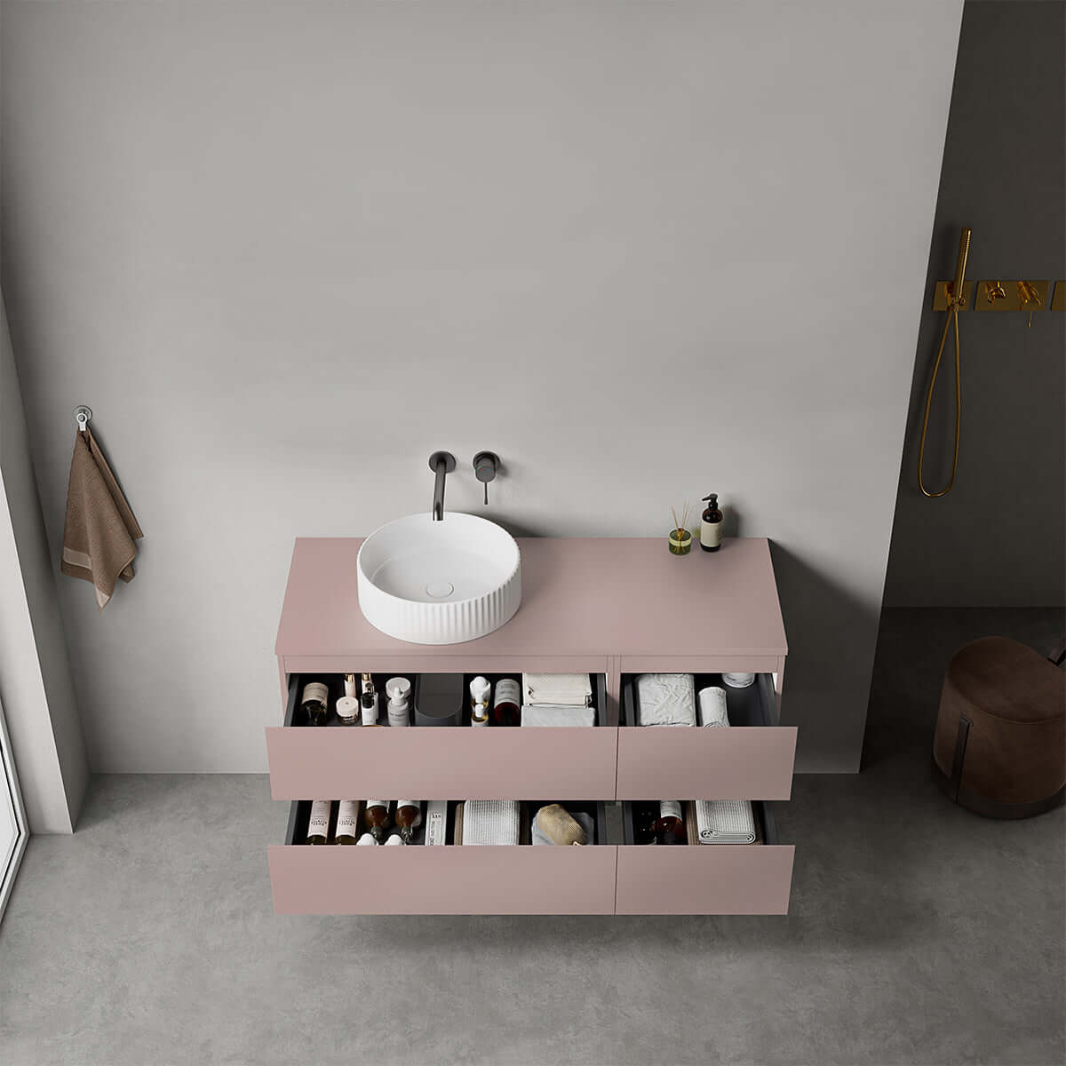 Mobile bagno sospeso reversibile  120 cm Rosa Retrò per Lavabo d'appoggio Senza Specchio - Fiji Paint