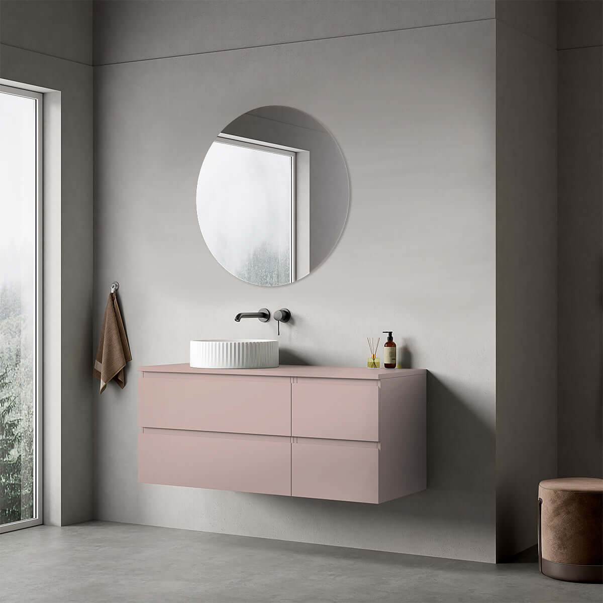 Mobile bagno sospeso reversibile  120 cm Rosa Retrò per Lavabo d'appoggio Specchio Tondo - Fiji Paint