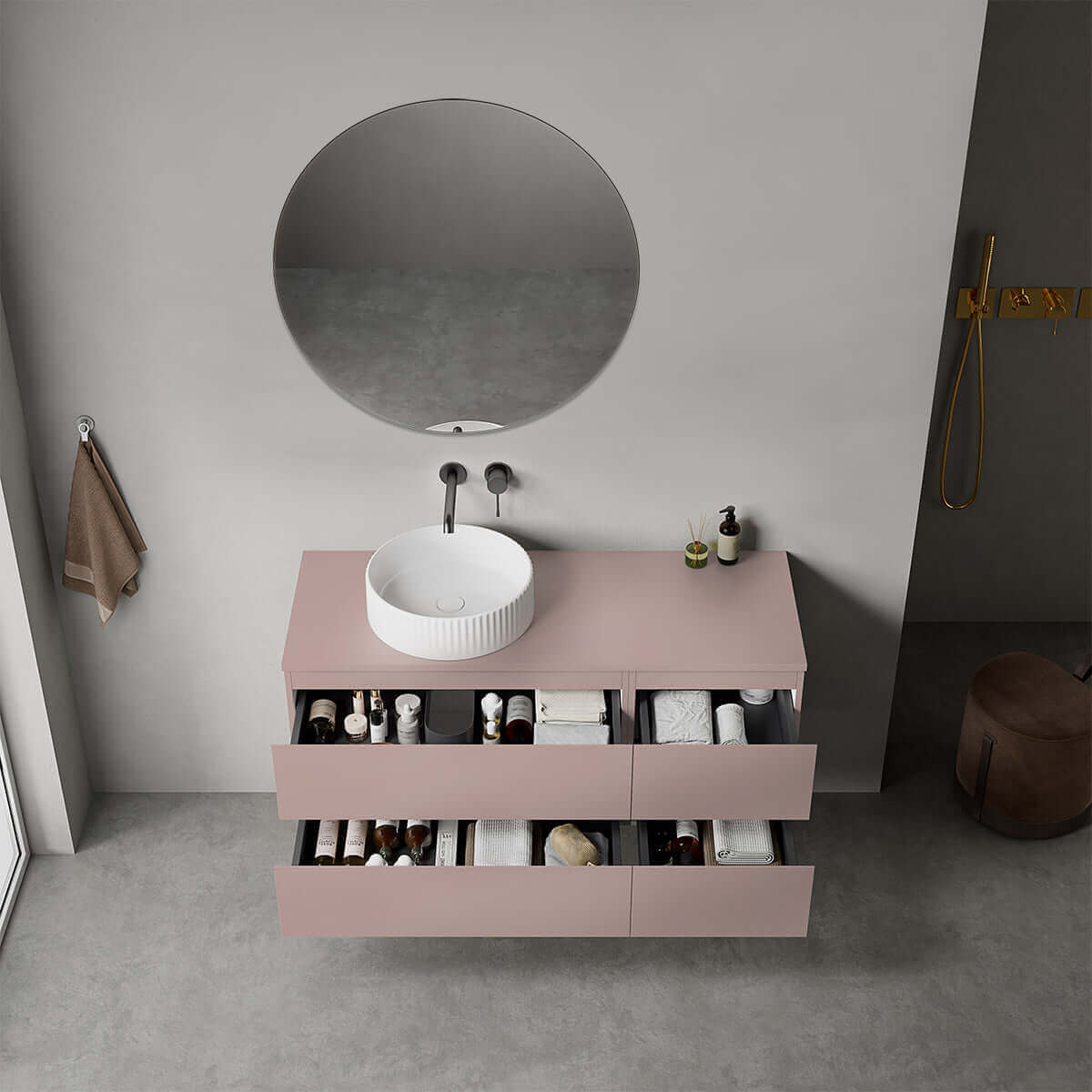 Mobile bagno sospeso reversibile  120 cm Rosa Retrò per Lavabo d'appoggio Specchio Tondo - Fiji Paint