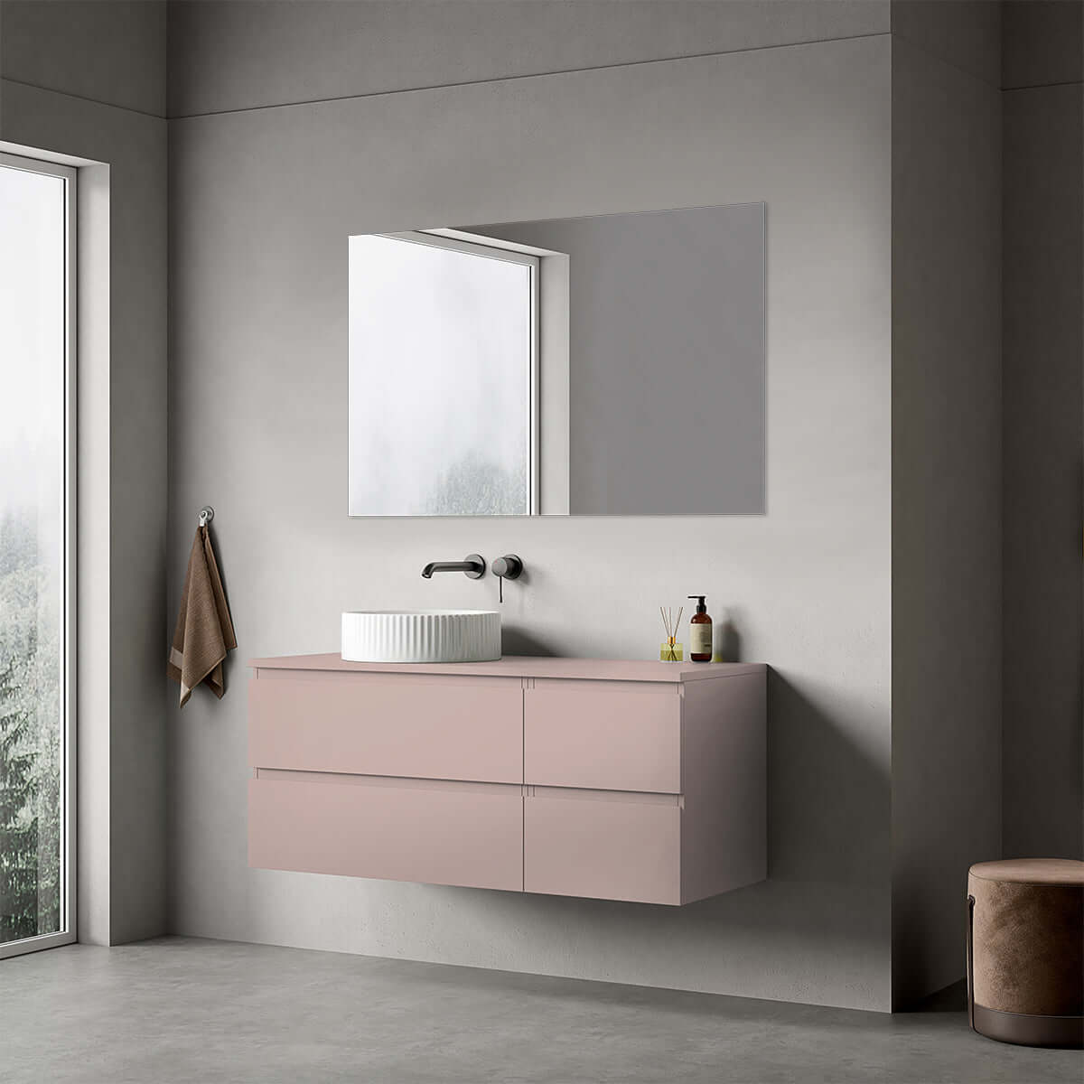Mobile bagno sospeso reversibile  120 cm Rosa Retrò per Lavabo d'appoggio Specchio Quadro - Fiji Paint