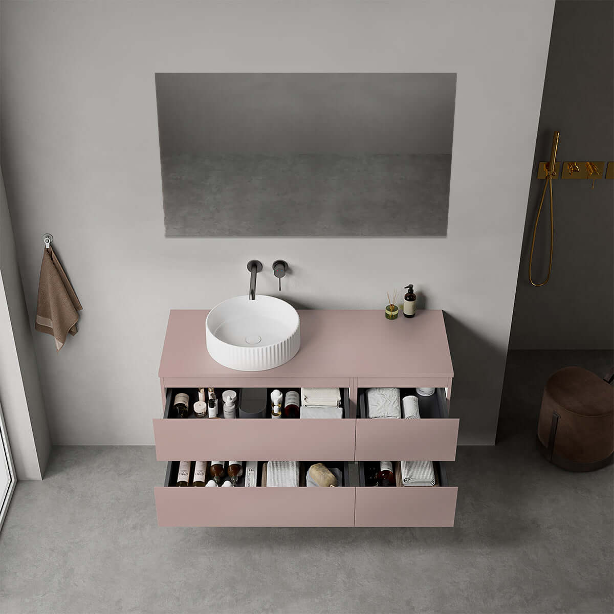 Mobile bagno sospeso reversibile  120 cm Rosa Retrò per Lavabo d'appoggio Specchio Quadro - Fiji Paint