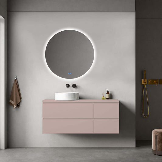Mobile bagno sospeso reversibile  120 cm Rosa Retrò per Lavabo d'appoggio Specchio Tondo Retroilluminato - Fiji Paint