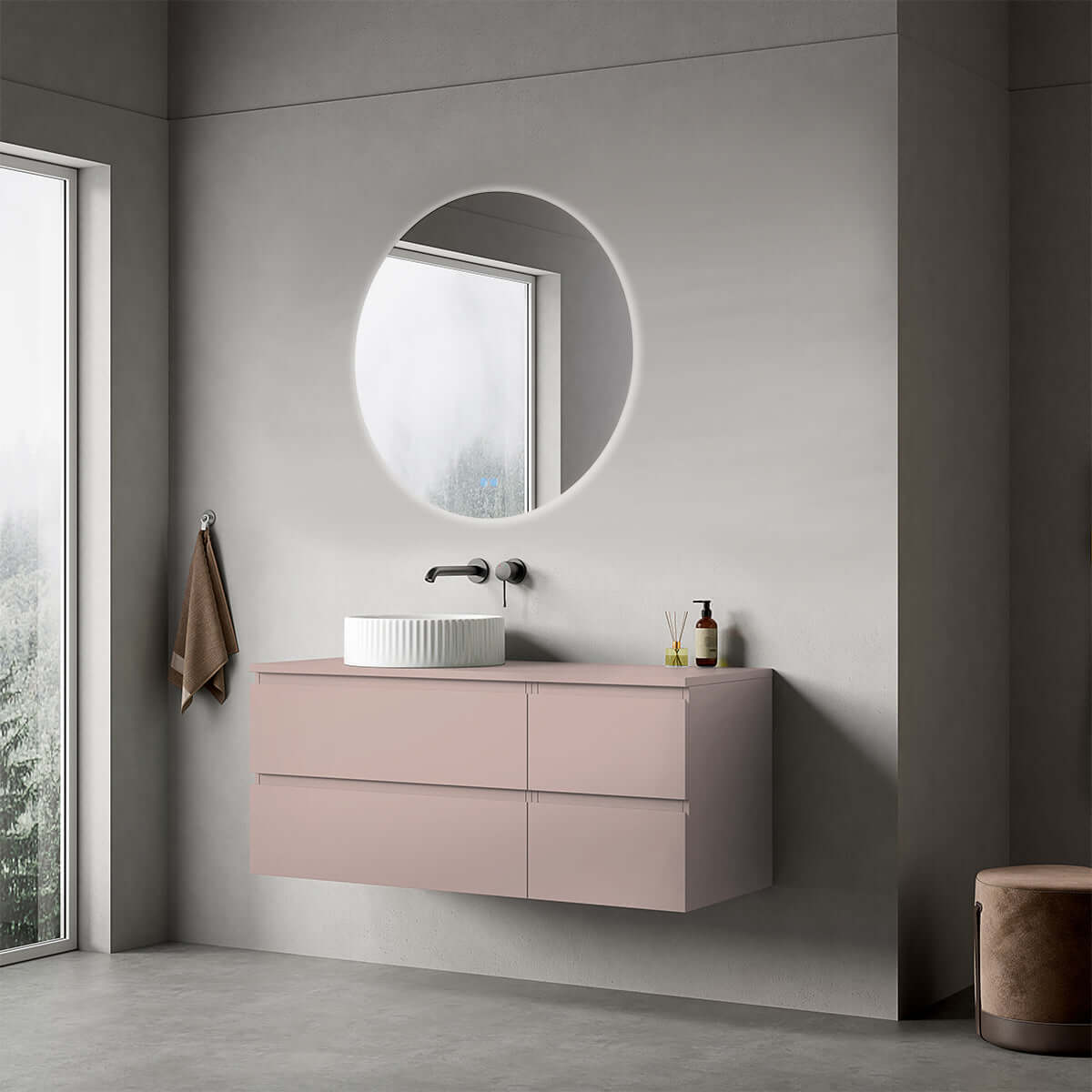 Mobile bagno sospeso reversibile  120 cm Rosa Retrò per Lavabo d'appoggio Specchio Tondo Retroilluminato - Fiji Paint