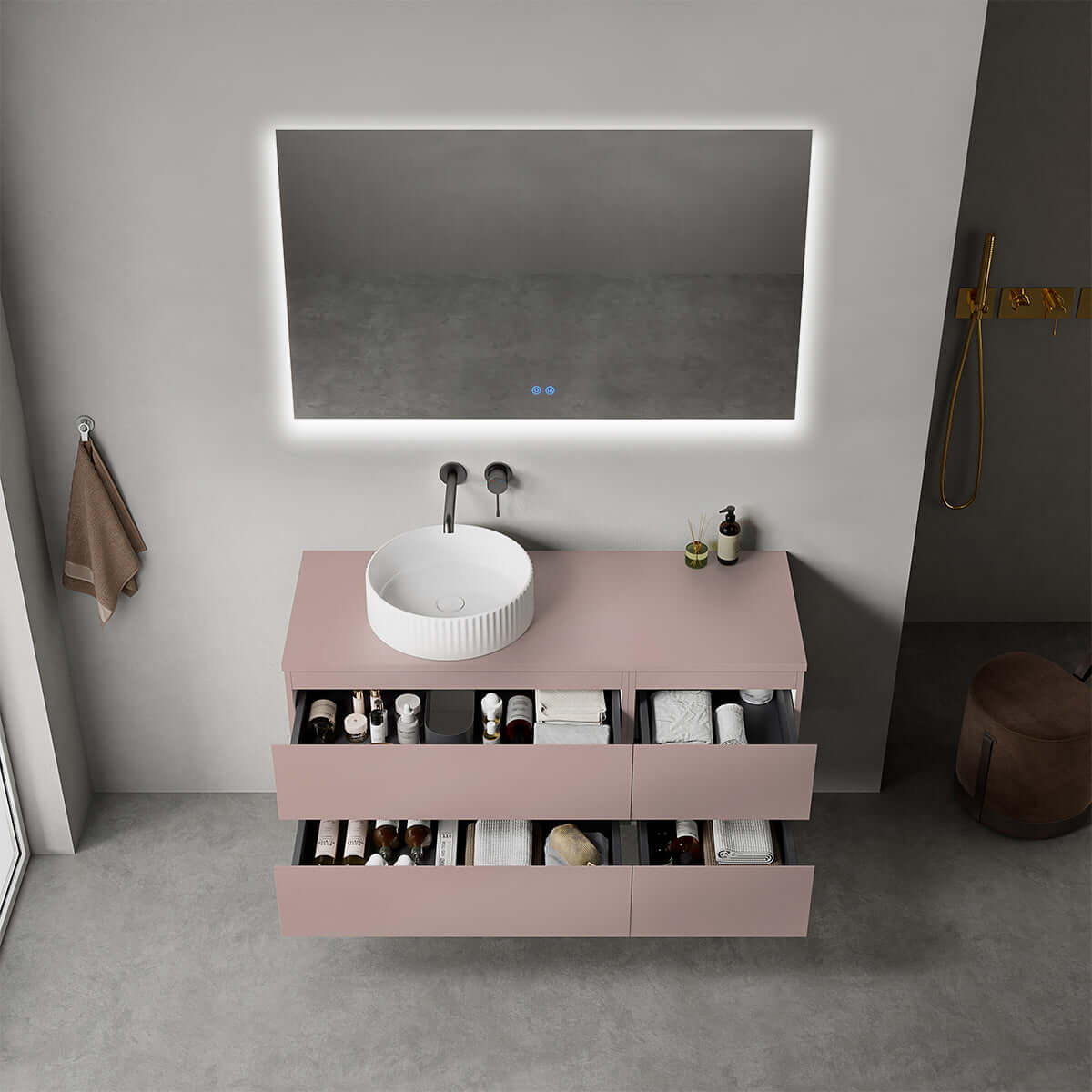 Mobile bagno sospeso reversibile  120 cm Rosa Retrò per Lavabo d'appoggio Specchio Quadro Retroilluminato - Fiji Paint