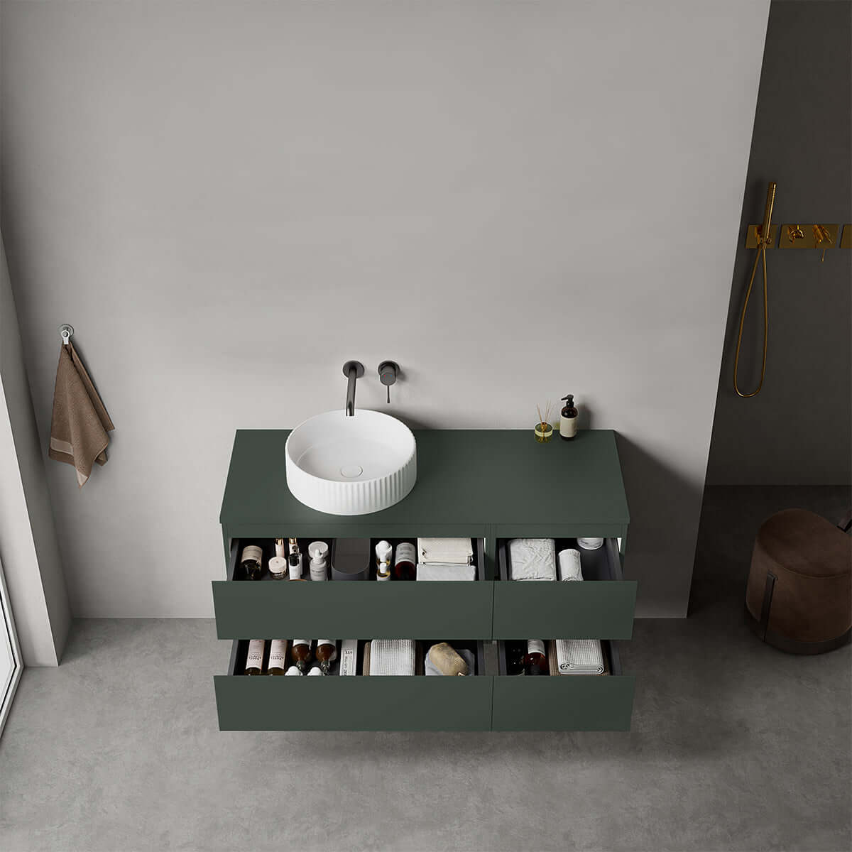 Mobile bagno sospeso reversibile  120 cm Verde Comodoro  per Lavabo d'appoggio Senza Specchio - Fiji Paint