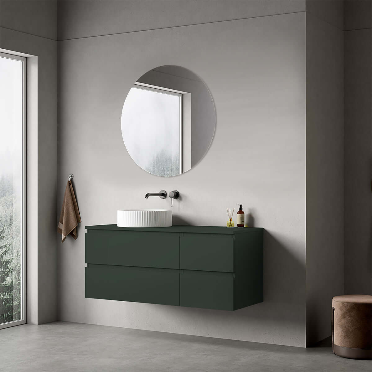 Mobile bagno sospeso reversibile  120 cm Verde Comodoro  per Lavabo d'appoggio Specchio Tondo - Fiji Paint