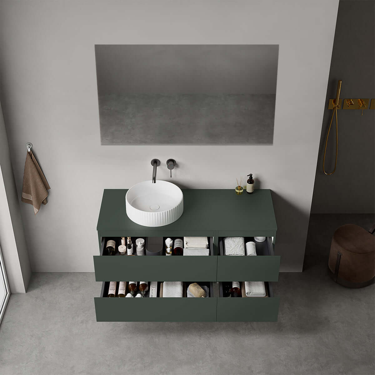 Mobile bagno sospeso reversibile  120 cm Verde Comodoro  per Lavabo d'appoggio Specchio Quadro - Fiji Paint