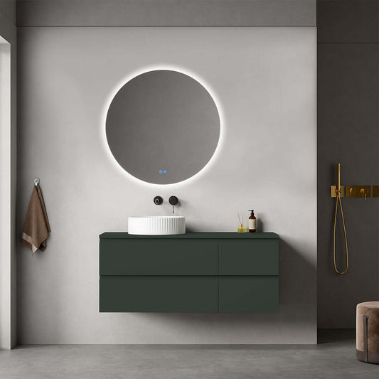 Mobile bagno sospeso reversibile  120 cm Verde Comodoro  per Lavabo d'appoggio Specchio Tondo Retroilluminato - Fiji Paint