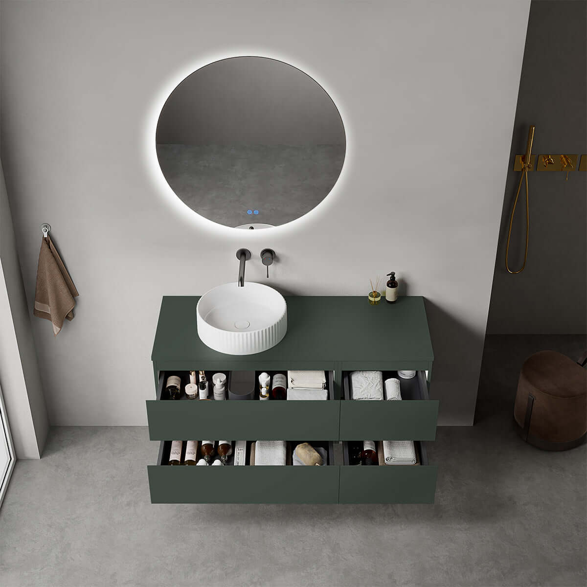 Mobile bagno sospeso reversibile  120 cm Verde Comodoro  per Lavabo d'appoggio Specchio Tondo Retroilluminato - Fiji Paint