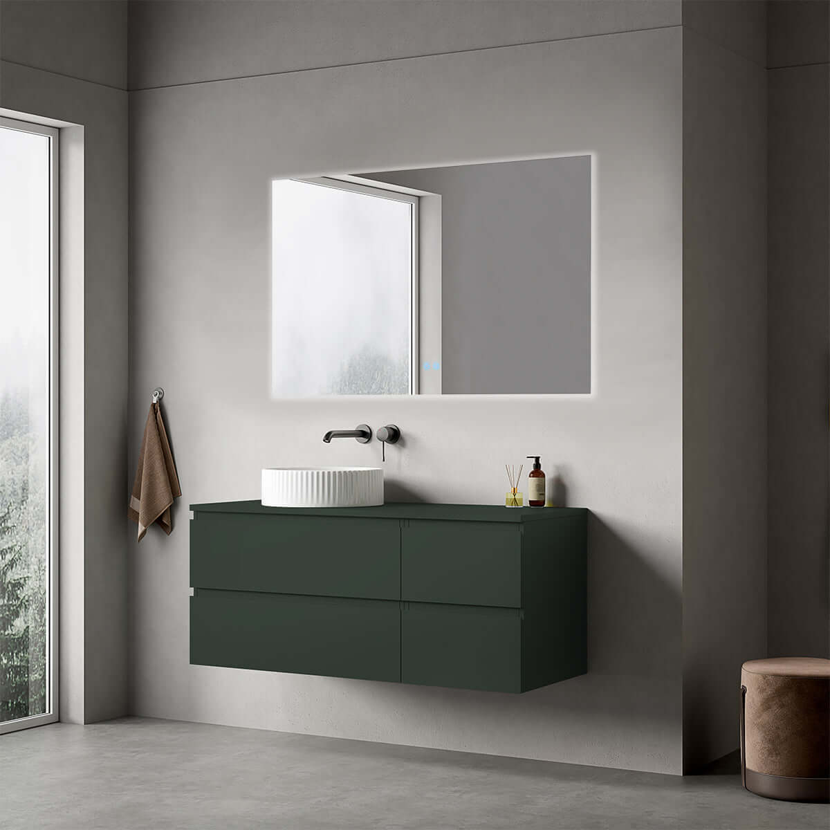 Mobile bagno sospeso reversibile  120 cm Verde Comodoro  per Lavabo d'appoggio Specchio Quadro Retroilluminato - Fiji Paint
