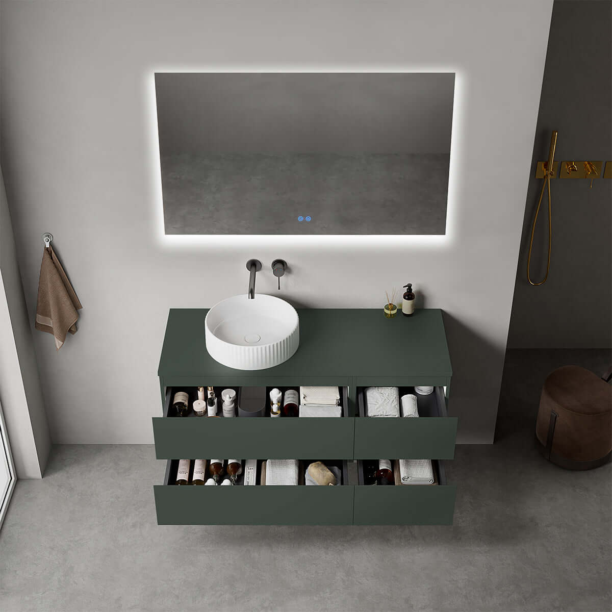 Mobile bagno sospeso reversibile  120 cm Verde Comodoro  per Lavabo d'appoggio Specchio Quadro Retroilluminato - Fiji Paint