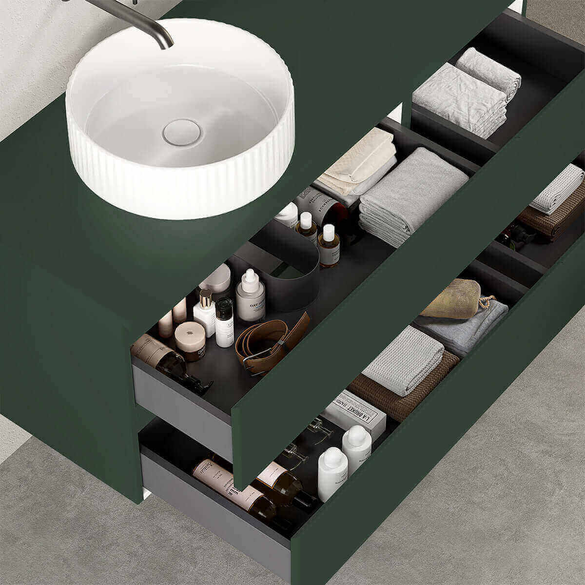 Mobile bagno sospeso reversibile  120 cm Verde Comodoro  per Lavabo d'appoggio Specchio Tondo - Fiji Paint