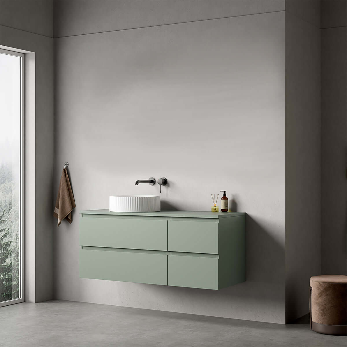 Mobile bagno sospeso reversibile  120 cm Verde Salvia per Lavabo d'appoggio Senza Specchio - Fiji Paint