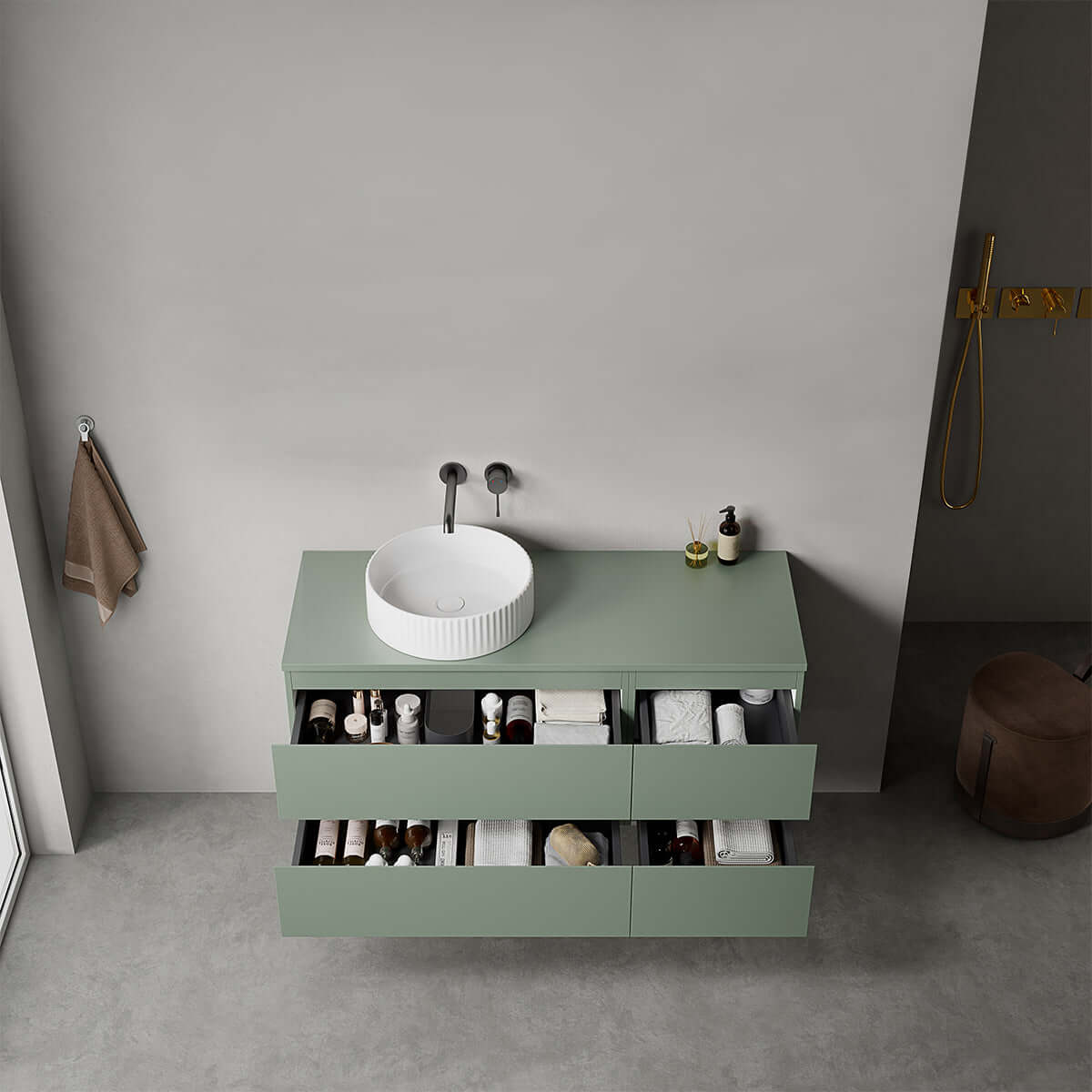 Mobile bagno sospeso reversibile  120 cm Verde Salvia per Lavabo d'appoggio Senza Specchio - Fiji Paint