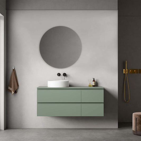 Mobile bagno sospeso reversibile  120 cm Verde Salvia per Lavabo d'appoggio Specchio Tondo - Fiji Paint