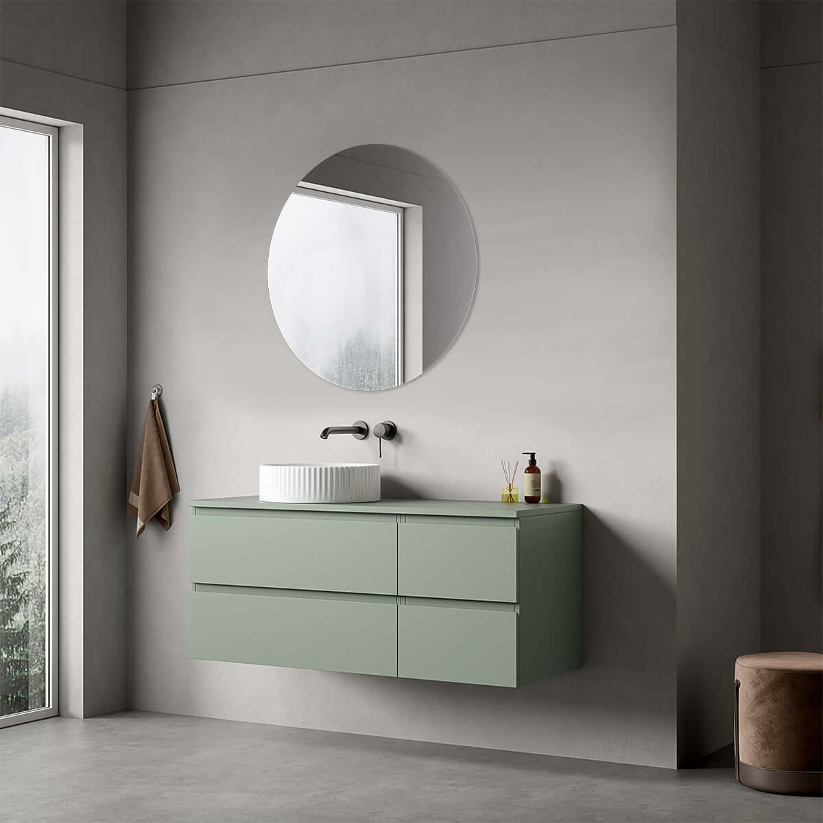 Mobile bagno sospeso reversibile  120 cm Verde Salvia per Lavabo d'appoggio Specchio Tondo - Fiji Paint