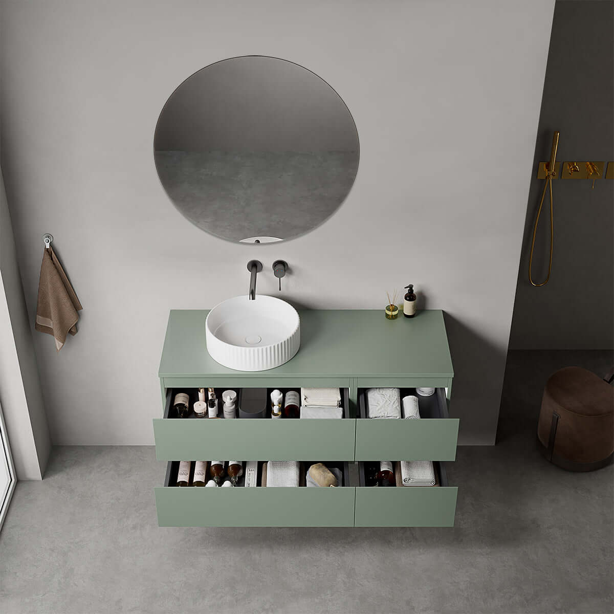 Mobile bagno sospeso reversibile  120 cm Verde Salvia per Lavabo d'appoggio Specchio Tondo - Fiji Paint