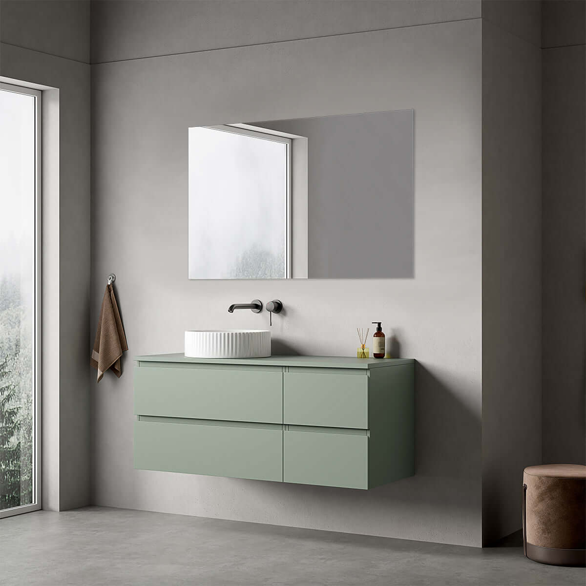 Mobile bagno sospeso reversibile  120 cm Verde Salvia per Lavabo d'appoggio Specchio Quadro - Fiji Paint