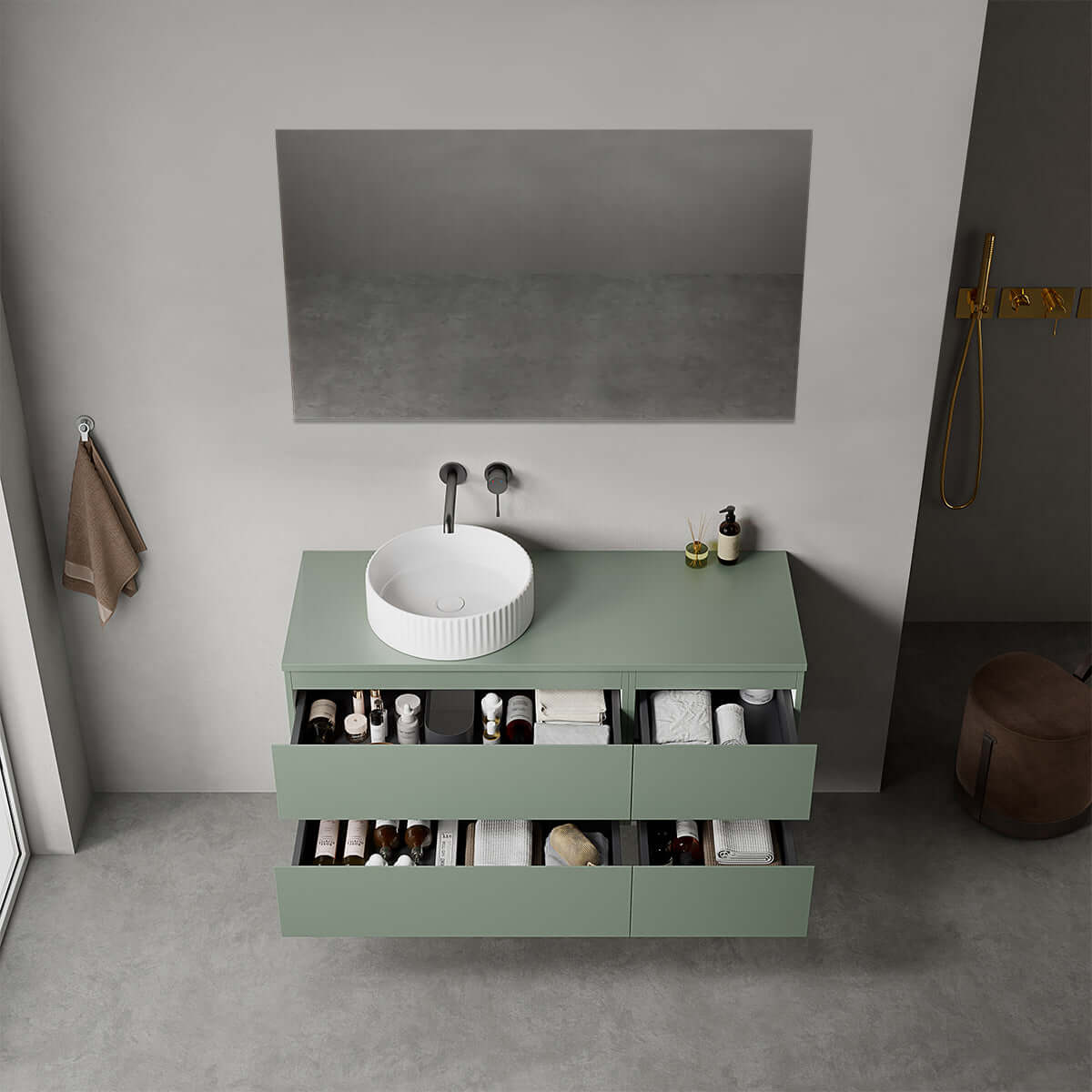 Mobile bagno sospeso reversibile  120 cm Verde Salvia per Lavabo d'appoggio Specchio Quadro - Fiji Paint
