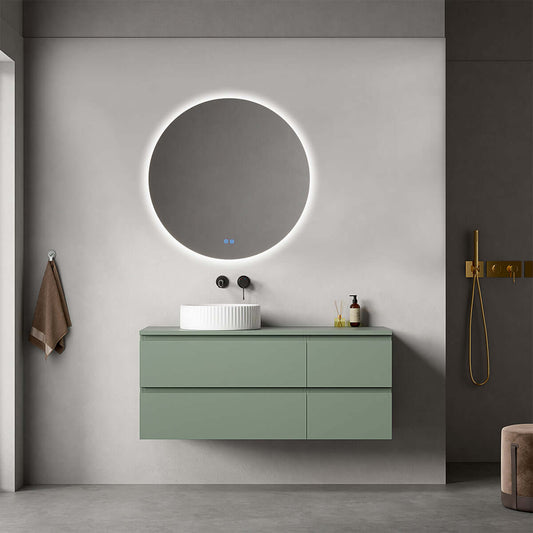 Mobile bagno sospeso reversibile  120 cm Verde Salvia per Lavabo d'appoggio Specchio Tondo Retroilluminato - Fiji Paint