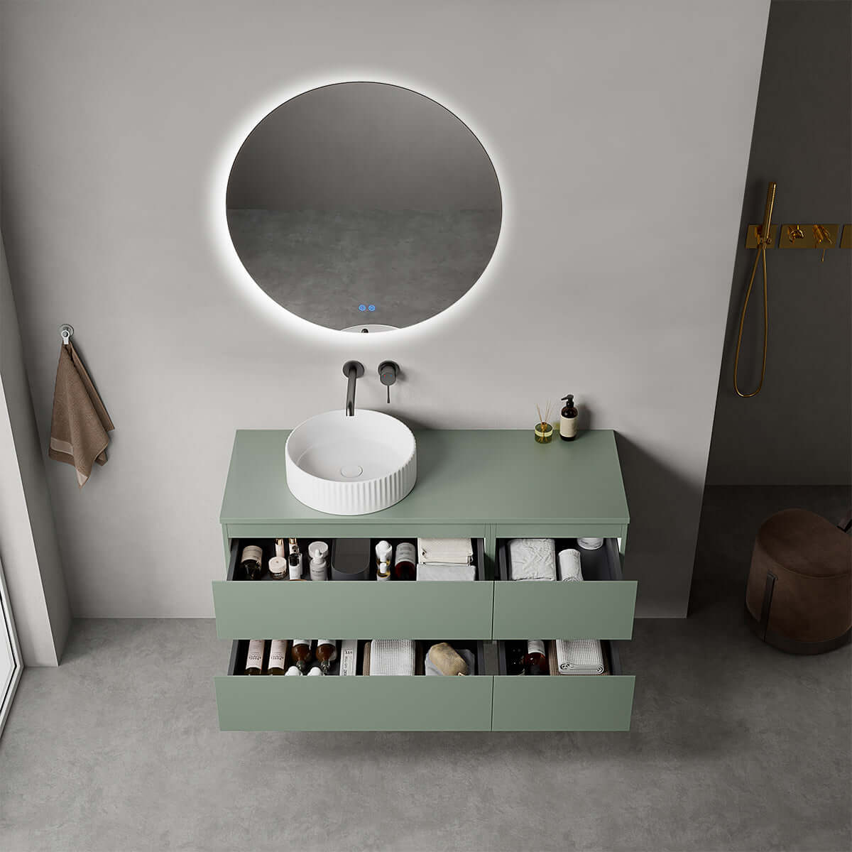 Mobile bagno sospeso reversibile  120 cm Verde Salvia per Lavabo d'appoggio Specchio Tondo Retroilluminato - Fiji Paint