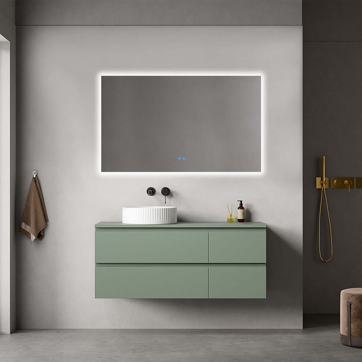 Mobile bagno sospeso reversibile  120 cm Verde Salvia per Lavabo d'appoggio Specchio Quadro Retroilluminato - Fiji Paint
