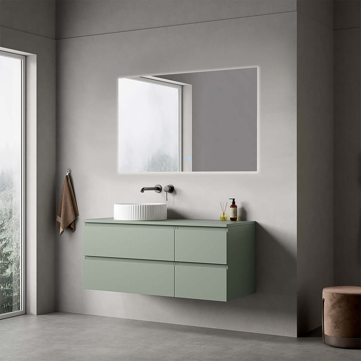 Mobile bagno sospeso reversibile  120 cm Verde Salvia per Lavabo d'appoggio Specchio Quadro Retroilluminato - Fiji Paint