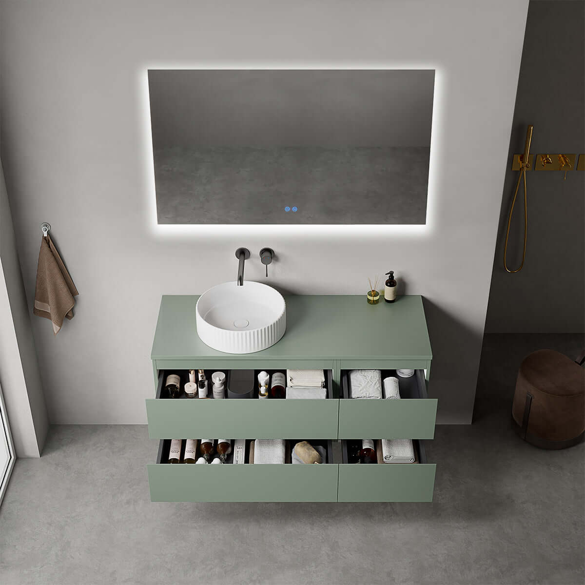 Mobile bagno sospeso reversibile  120 cm Verde Salvia per Lavabo d'appoggio Specchio Quadro Retroilluminato - Fiji Paint