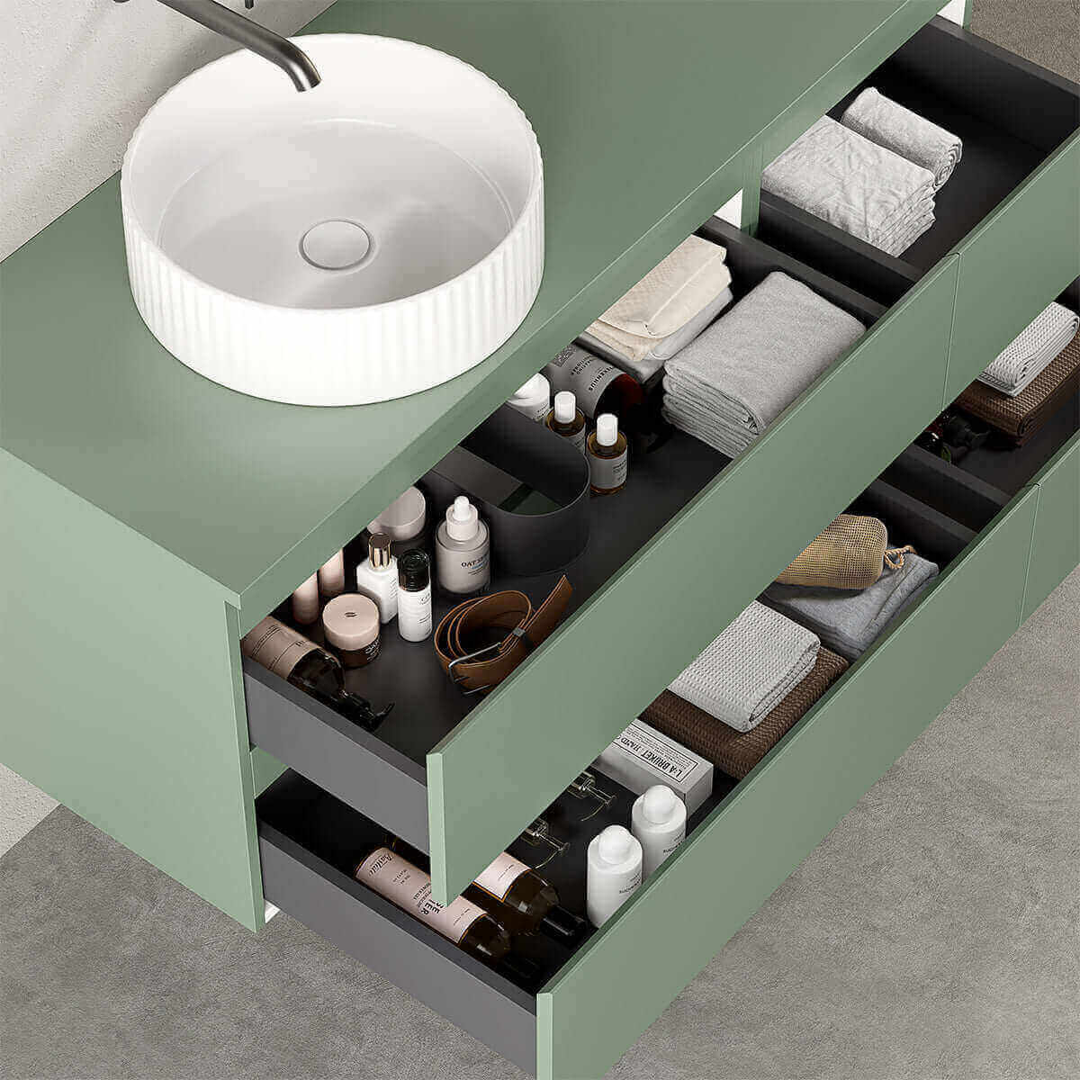 Mobile bagno sospeso reversibile  120 cm Verde Salvia per Lavabo d'appoggio Specchio Tondo - Fiji Paint